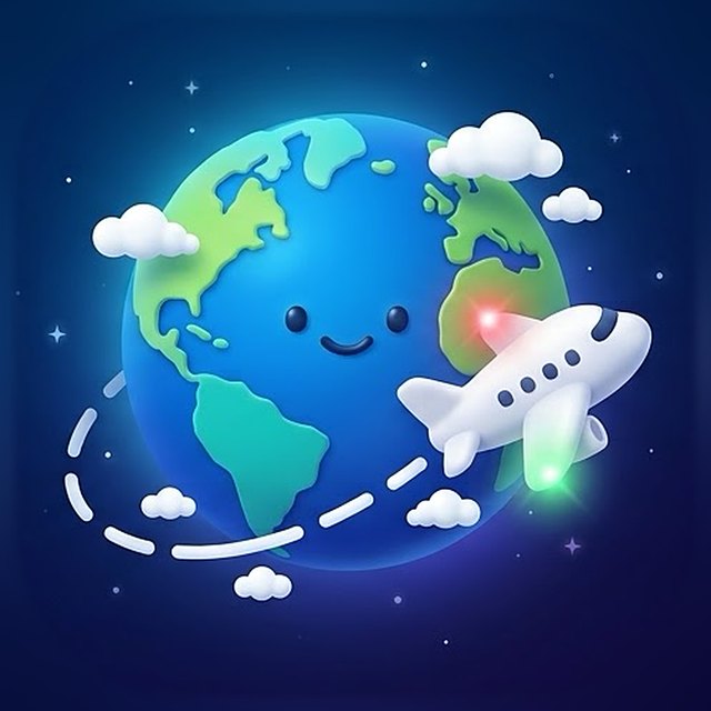 Globy: a smiling globe with a small plane flying around it